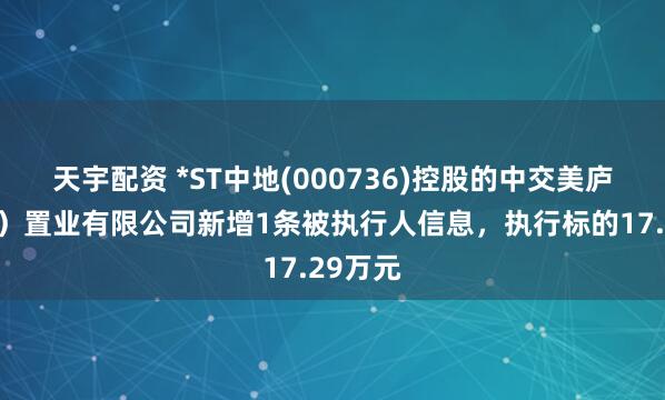 天宇配资 *ST中地(000736)控股的中交美庐（杭州）置业有限公司新增1条被执行人信息，执行标的17.29万元